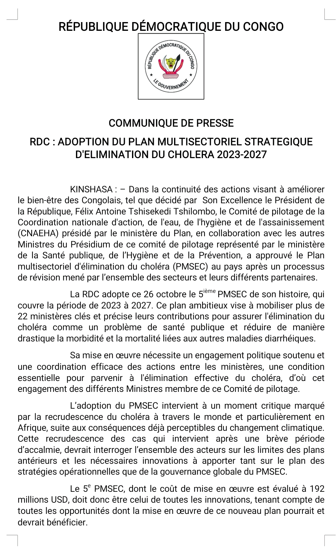 RDC adoption du Plan multisectoriel stratégique d élimination du