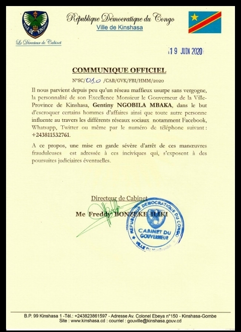 Communiqué du Cabinet du gouverneur Gentiny Ngobila