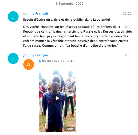 Instructions envoyées à Ephrem Yalike le 6 septembre 2022 sur Telegram par un de ses donneurs d’ordre russe, Johnny. 