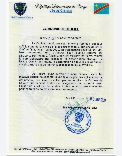 Communiqué du Cabinet du gouverneur Gentiny Ngobila