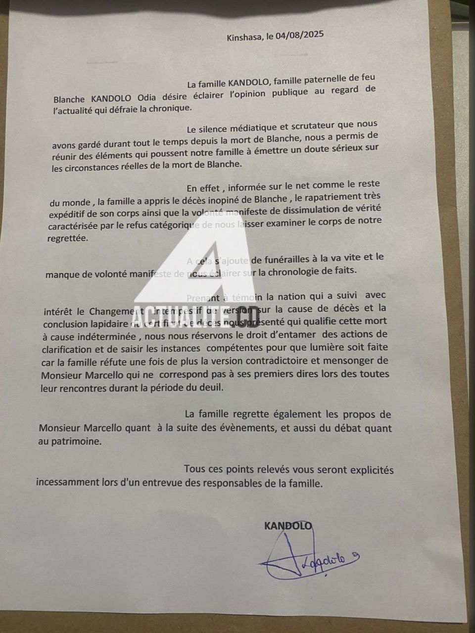 Communiqué de la famille Kandolo