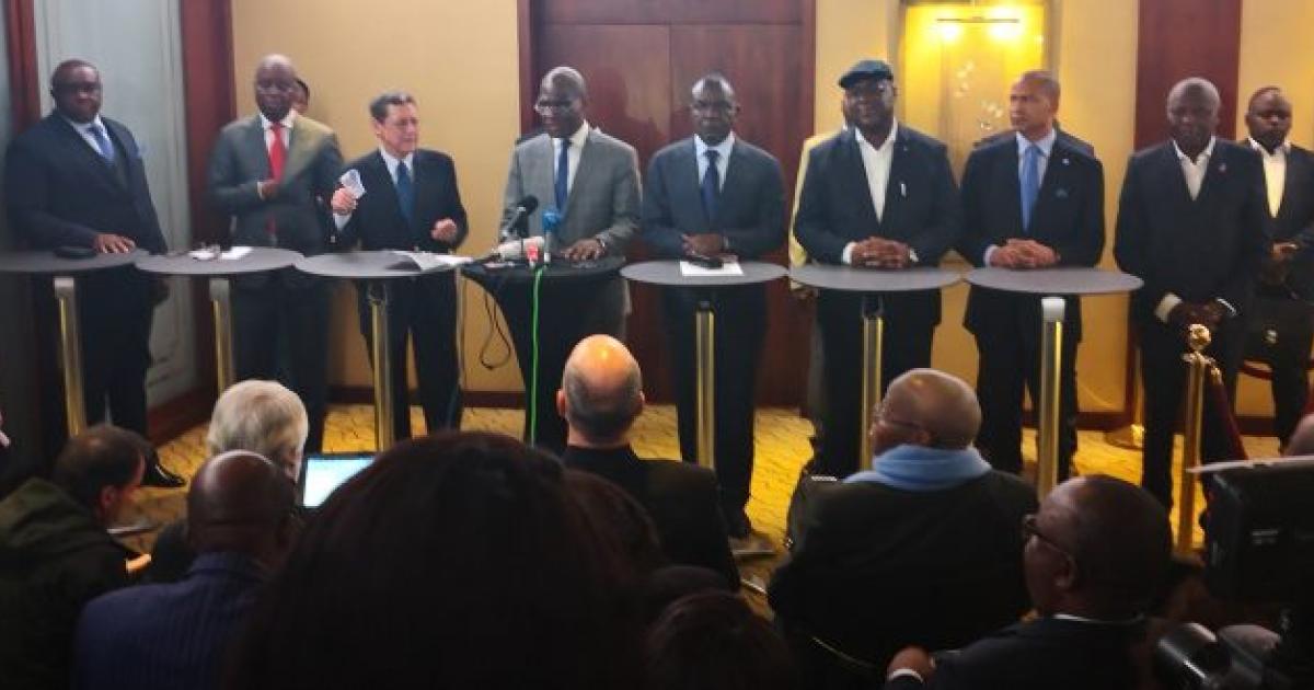 Les 7 Leaders d'opposition en conférence de presse après signature de l'accord à Genève (Ph. Kofi Annan Foundation)