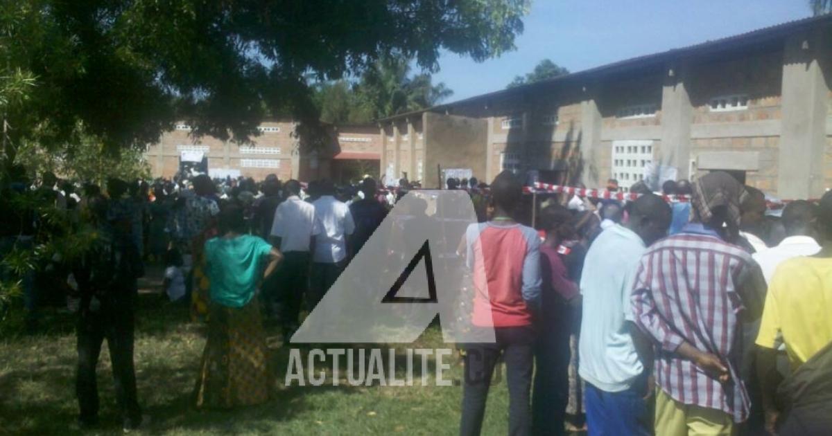 Les électeurs sur la file d'attente devant un bureau de vote à Mwene Ditu.