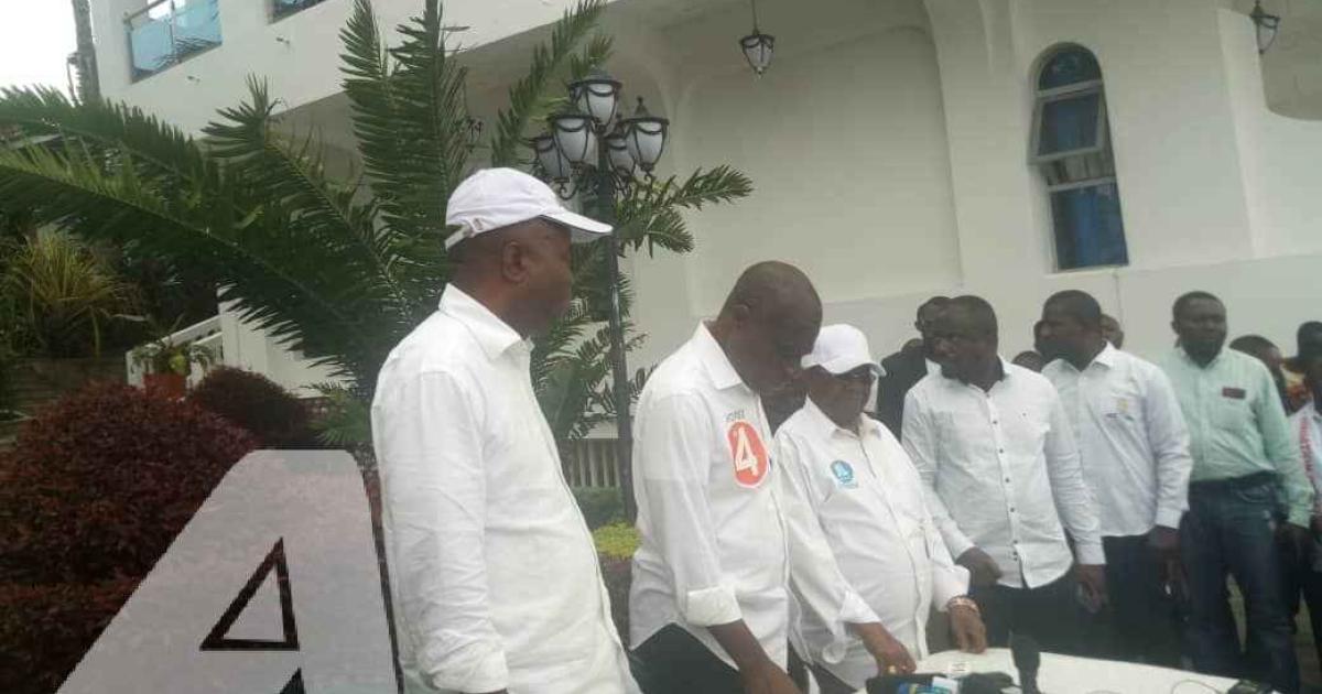 De gauche à droite : Adolphe Muzito, Martin Fayulu, Kyungu Wa Ku Mwanza et Muhindo Nzangi en conférence de  presse à Goma.