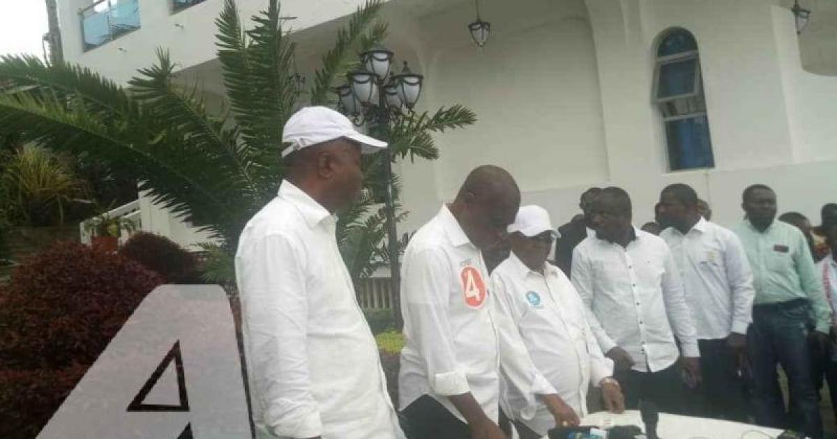 De gauche à droite : Adolphe Muzito, Martin Fayulu, Kyungu Wa Ku Mwanza et Muhindo Nzangi en conférence de presse à Goma