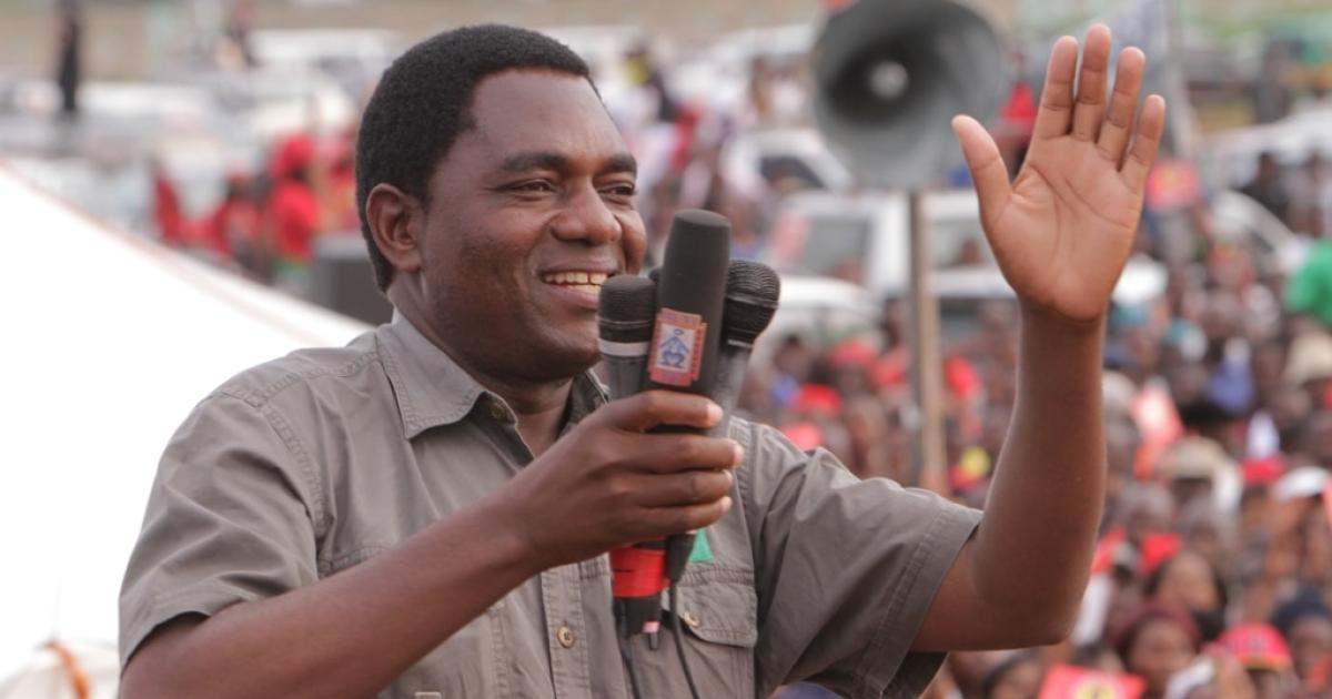 Hakainde Hichilema, du Parti uni pour le développement national (opposition zambienne), s'adresse à un meeting électoral à Lusaka, en janvier 2015.