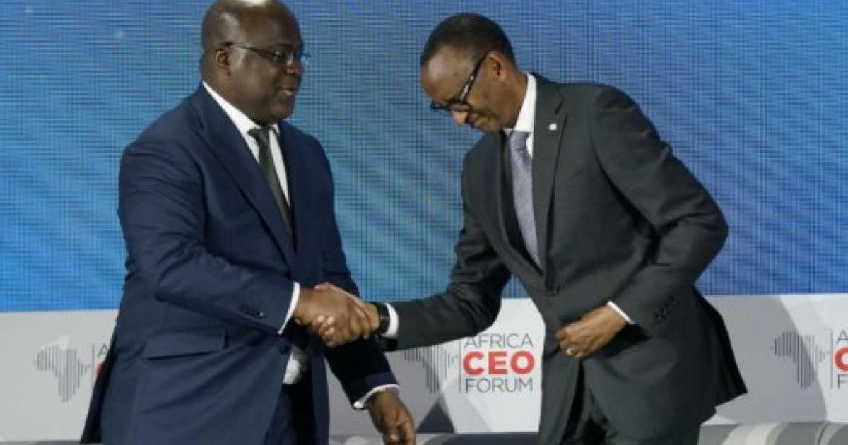  Poignée de main entre Félix Tshisekedi et Paul Kagame. Photo droits des tiers Poignée de main entre Félix Tshisekedi et Paul Kagame