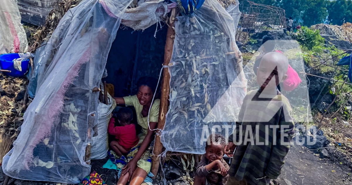 Une femme déplacée et ses enfants dans une cabane à Sake