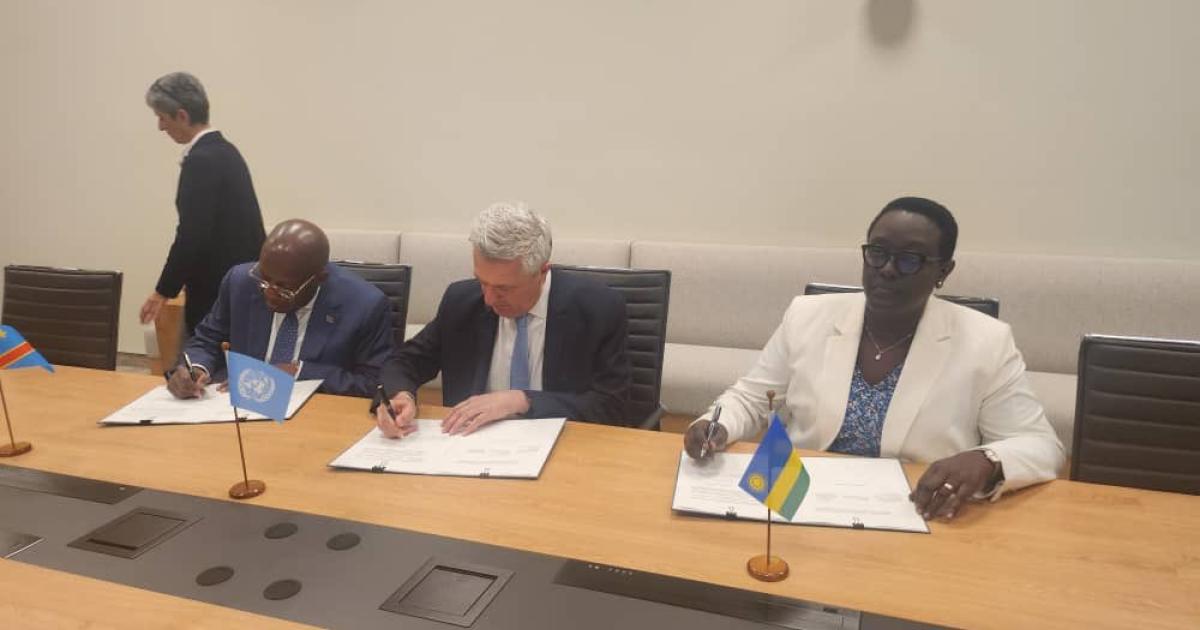 Kayisire Marie Solange, Ministre rwandaise chargée de la gestion des Urgences, Christophe Lutundula, Vice-Premier Ministre et Ministre congolais des Affaires Étrangères et de la Francophonie de la RDC et Filippo Grandi, Haut-Commissaire pour les réfugiés