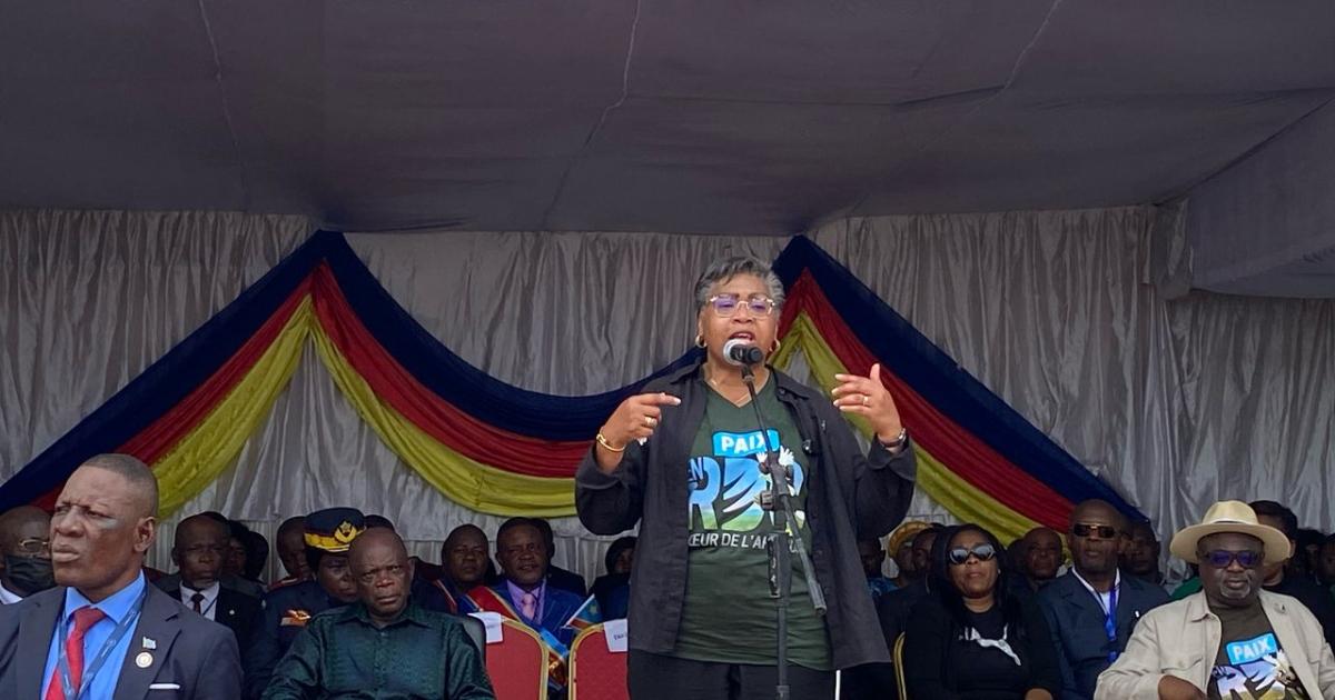 Judith Suminwa, Première ministre de la RDC, s'adressant à la population de Bandundu ville 