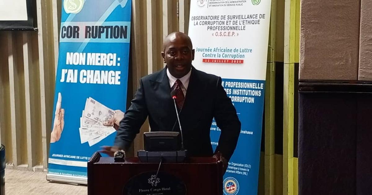 Nick Elebe, représentant de IDLO en RDC, lors de la journée africaine pour la lutte contre la corruption, à Kinshasa