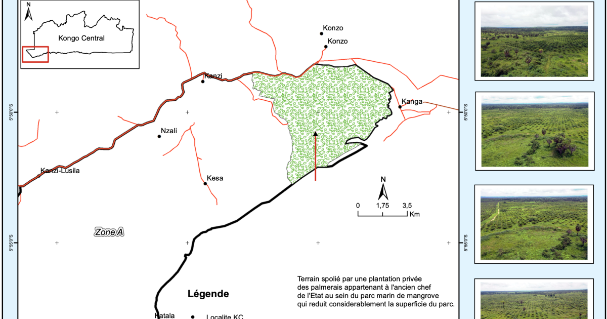 Carte de localisation de la zone spoliée du parc marin des mangroves établie par une mission du ministère de l’environnement en 2023 - Document PPLAAF-TBIJ