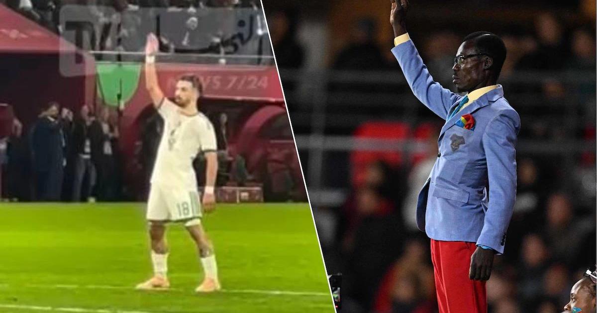 L’attaquant algérien Mohammed Amoura reprenant le geste de Lumumba Vea lors du match Algérie vs RDC 