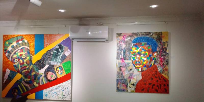 "Mobembo" et "Mes yeux vers vous", deux tableaux peints dans le cadre de l'exposition inaugurale de Malabo Arts & Culture