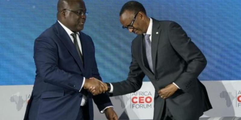  Poignée de main entre Félix Tshisekedi et Paul Kagame. Photo droits des tiers Poignée de main entre Félix Tshisekedi et Paul Kagame