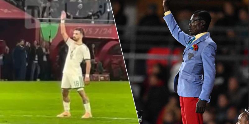 L’attaquant algérien Mohammed Amoura reprenant le geste de Lumumba Vea lors du match Algérie vs RDC 