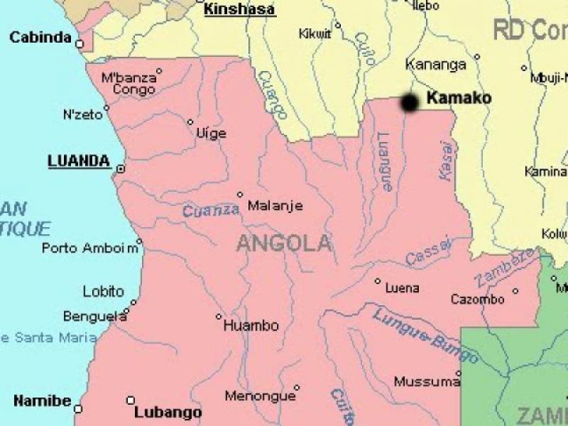 Carte de Kamako (point noir), en frontière avec l'Angola