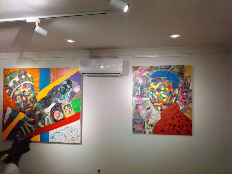 "Mobembo" et "Mes yeux vers vous", deux tableaux peints dans le cadre de l'exposition inaugurale de Malabo Arts & Culture