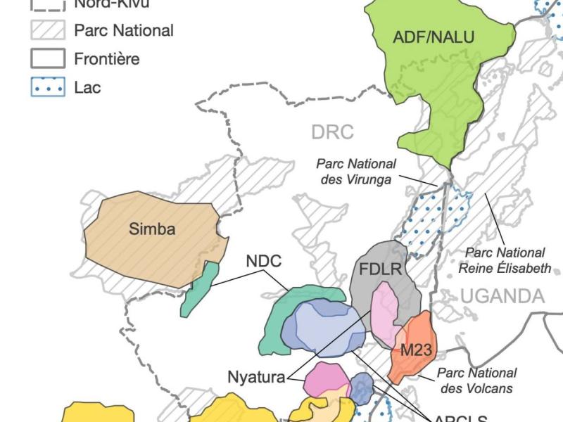 Répartition spéciales de quelques groupes armées et aires protégées dans la province du Nord-Kivu, RDC ©	Keng