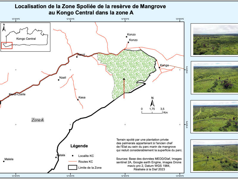 Carte de la localisation de la zone spolié du parc marin des mangroves établie par une mission du ministère de l’environnement en 2023 - Document PPLAAF-TBIJ