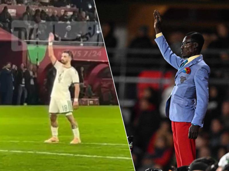 L’attaquant algérien Mohammed Amoura reprenant le geste de Lumumba Vea lors du match Algérie vs RDC 