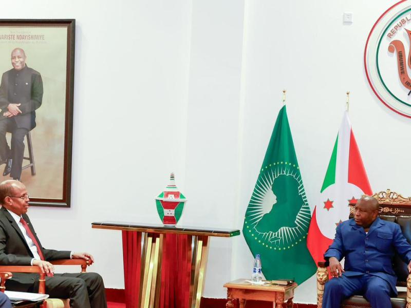 Le Président de la Commission de l'UA, Mahmoud Ali Youssouf, reçu par Évariste Ndayishimiye, président de Burundi et président de l'Assemblée de l'UA, en amont du sommet de l'UA sur Ebola