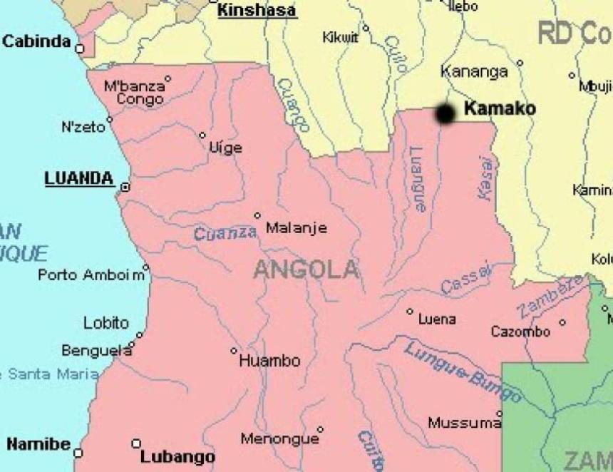 Carte de Kamako (point noir), en frontière avec l'Angola