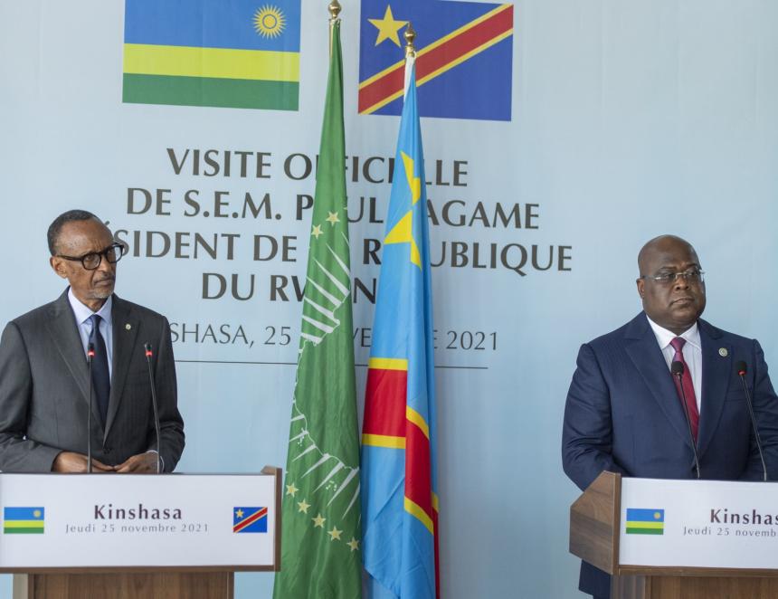 Paul Kagame et Félix Tshisekedi le 25 novembre 2021 à Kinshasa