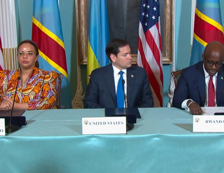 La ministre congolaise des Affaires étrangères, Thérèse Kayikwamba Wagner, son homologue rwandais, Olivier Nduhungirehe, et Marco Rubio