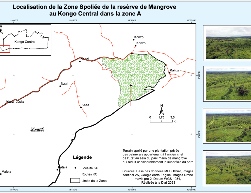 Carte de localisation de la zone spoliée du parc marin des mangroves établie par une mission du ministère de l’environnement en 2023 - Document PPLAAF-TBIJ