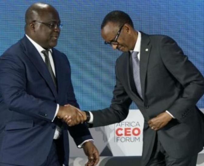  Poignée de main entre Félix Tshisekedi et Paul Kagame. Photo droits des tiers Poignée de main entre Félix Tshisekedi et Paul Kagame
