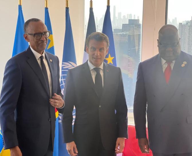 Félix Tshisekedi, Emmanuel Macron et Paul Kagame