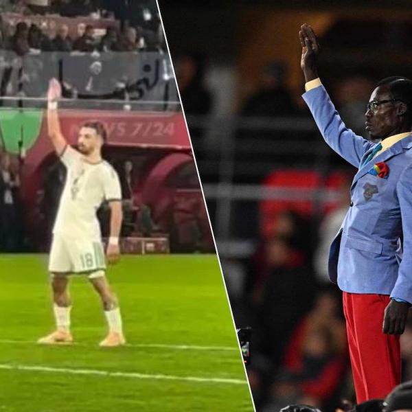 L’attaquant algérien Mohammed Amoura reprenant le geste de Lumumba Vea lors du match Algérie vs RDC 